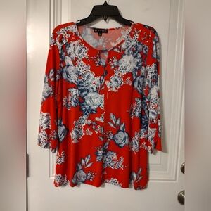 Red Floral Keyhole Tunic Blouse